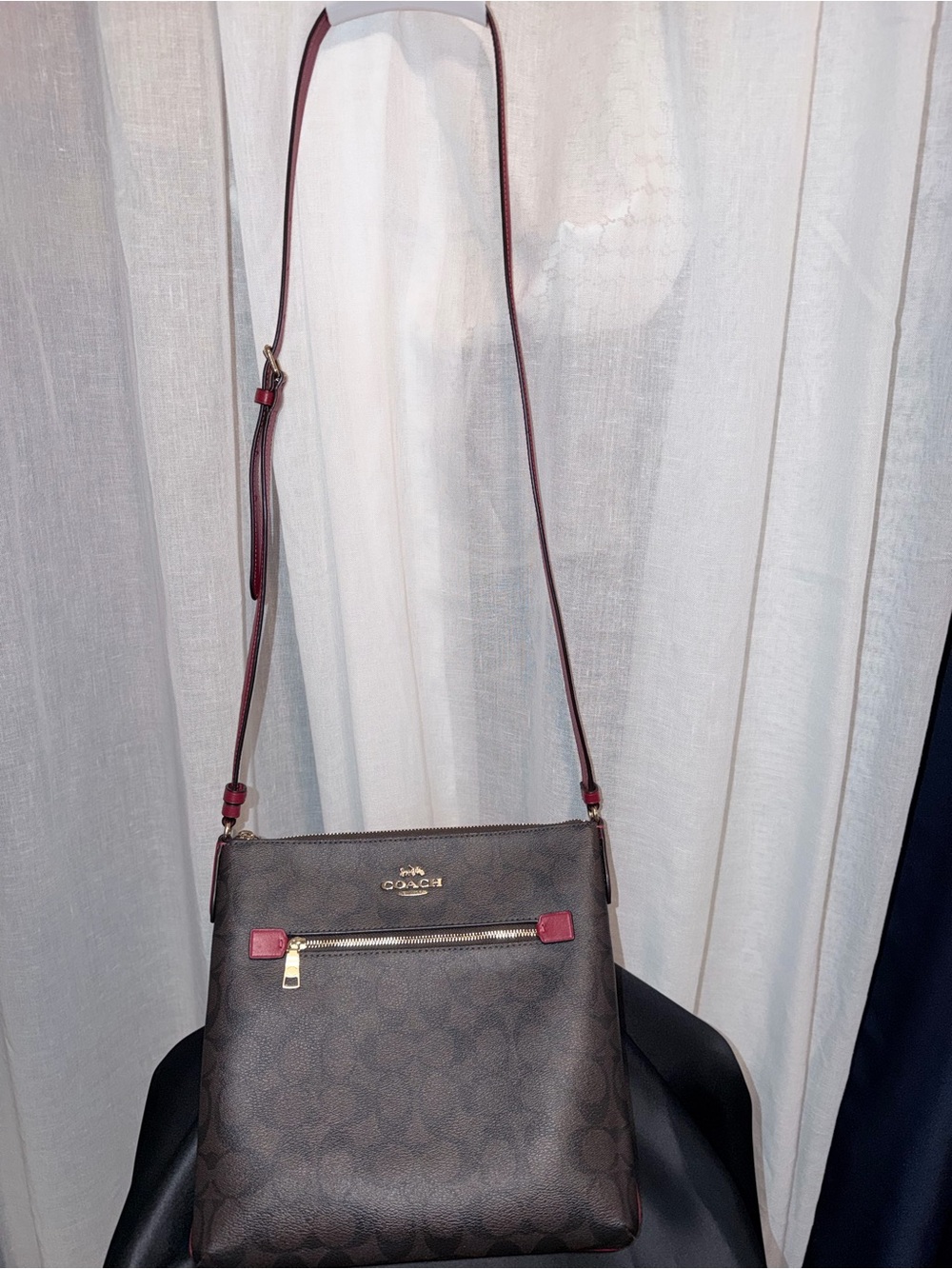 Coach Brown Signature Crossbody with Red Trim